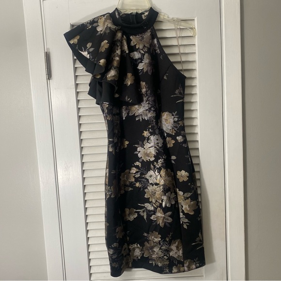 WOMENS M BLACK FLORAL PRINT ONE SHOULDER DRESS - Picture 1 of 5